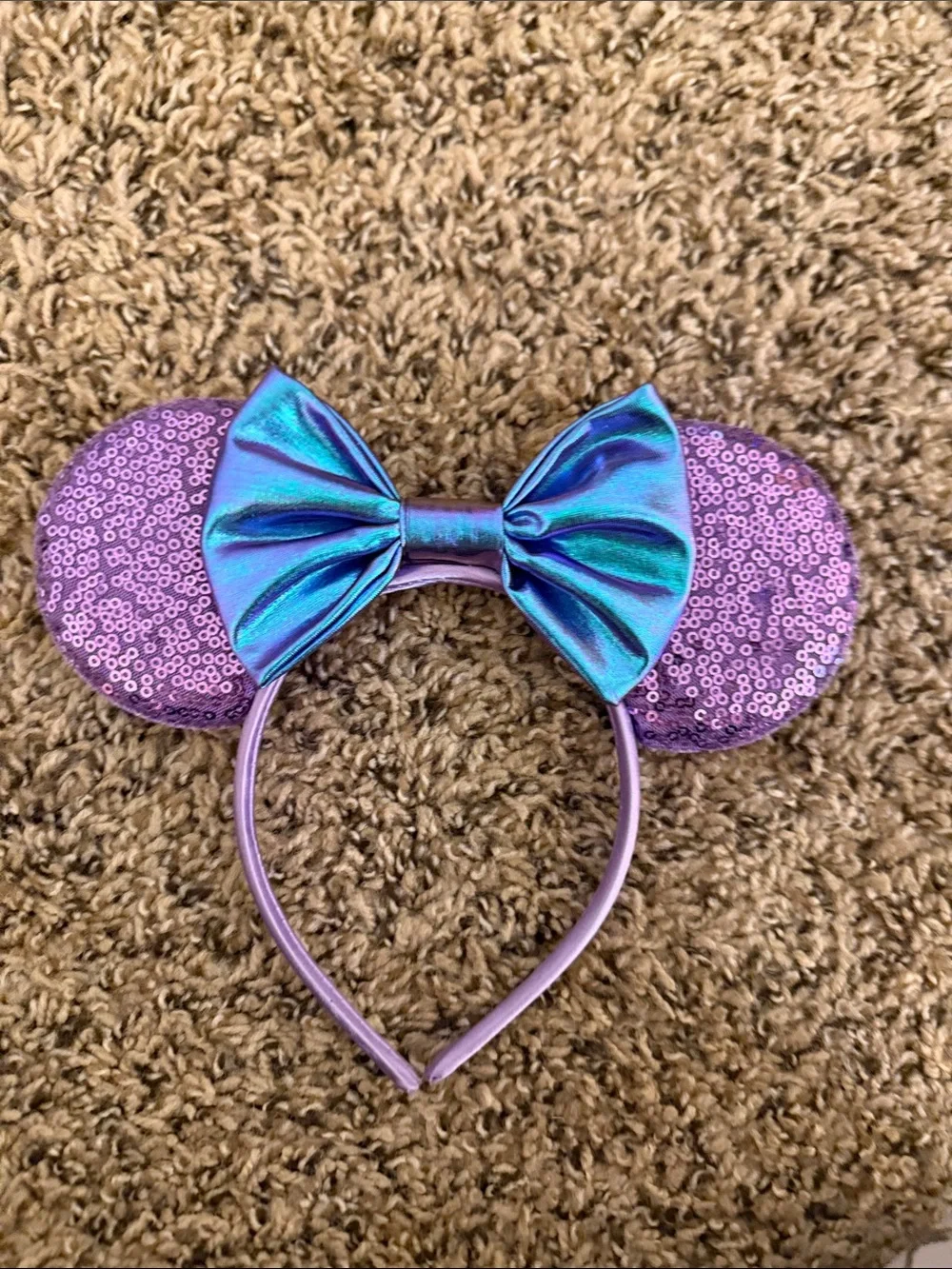 Disney Purple Sequin Minnie Ears Headband with Iridescent Blue Bow